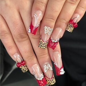 Red and Leopard Press-On Nails